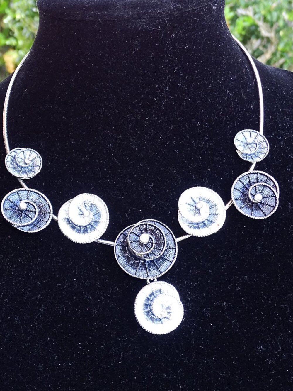 Silver Necklace Round Assorted Size Circles with Center Rhinestones Beautiful!